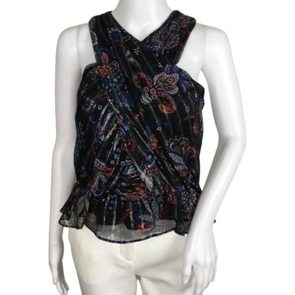 Veronica Beard Women Kailani Metallic Print Floral Halter Top Multi Sz 10, 12